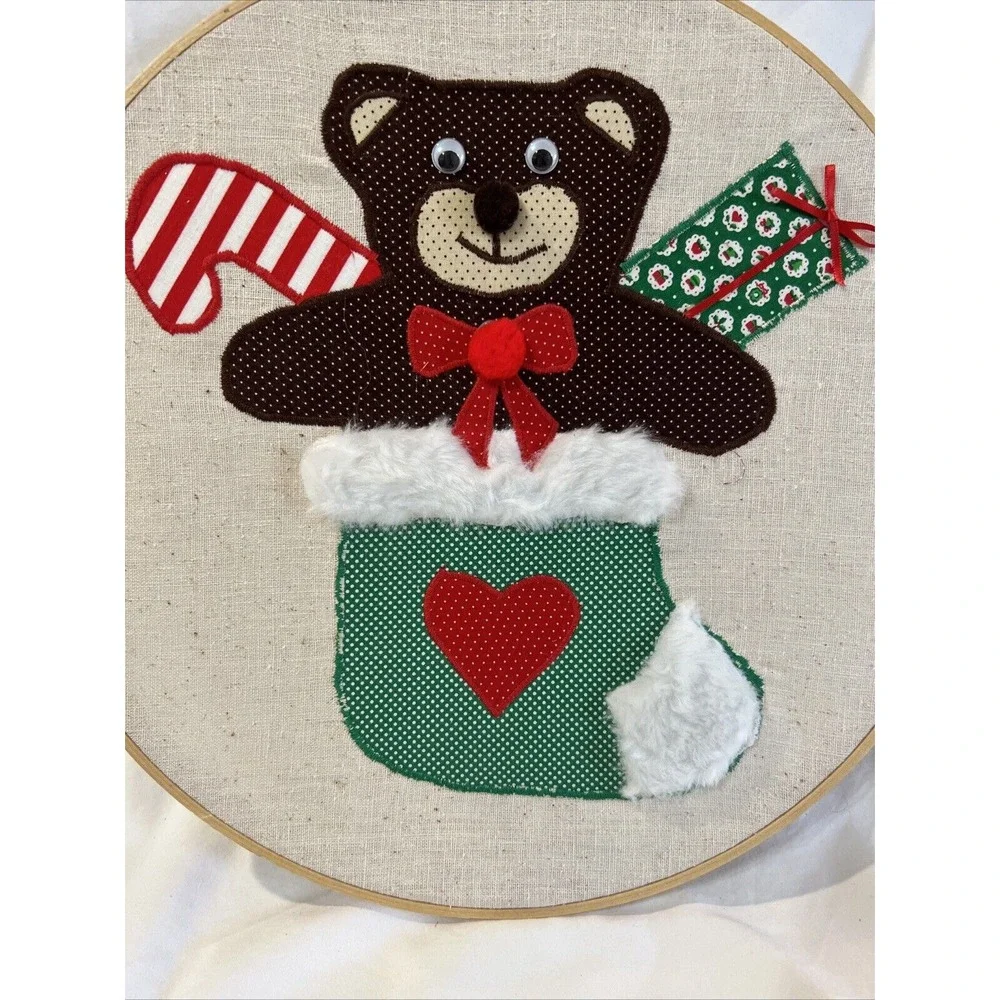 Vintage handmade embroidered teddy bear in‎ stocking Kids nursery wall hanger